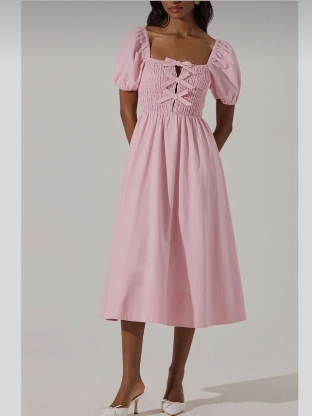 ASTR The Label Bow Detail Smock Bodice Cotton Blend Dress